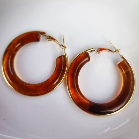 Butterscotch Resin Hoop Earring With Gold Plated Outline 1.64in - Picture 11 of 14
